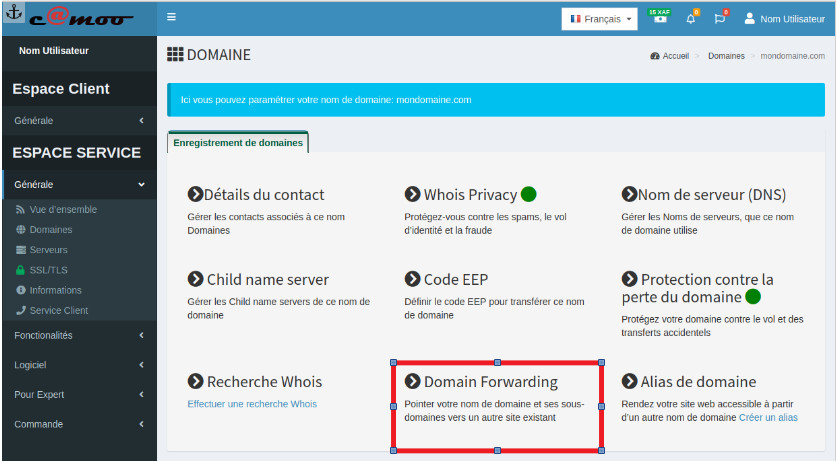 menu domain forwarding
